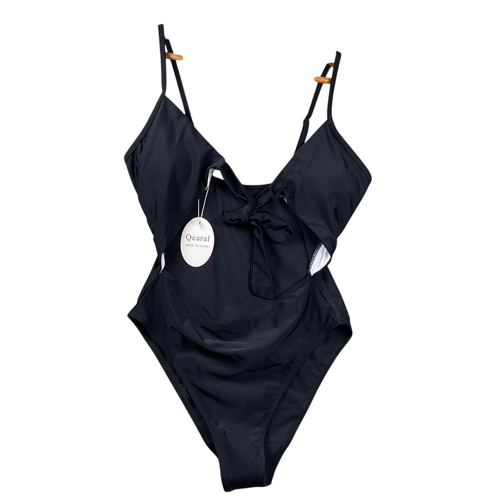 Qearal One Piece Swimsuit Womens Small Black Front Tie Cutout V-Neck Adjustable